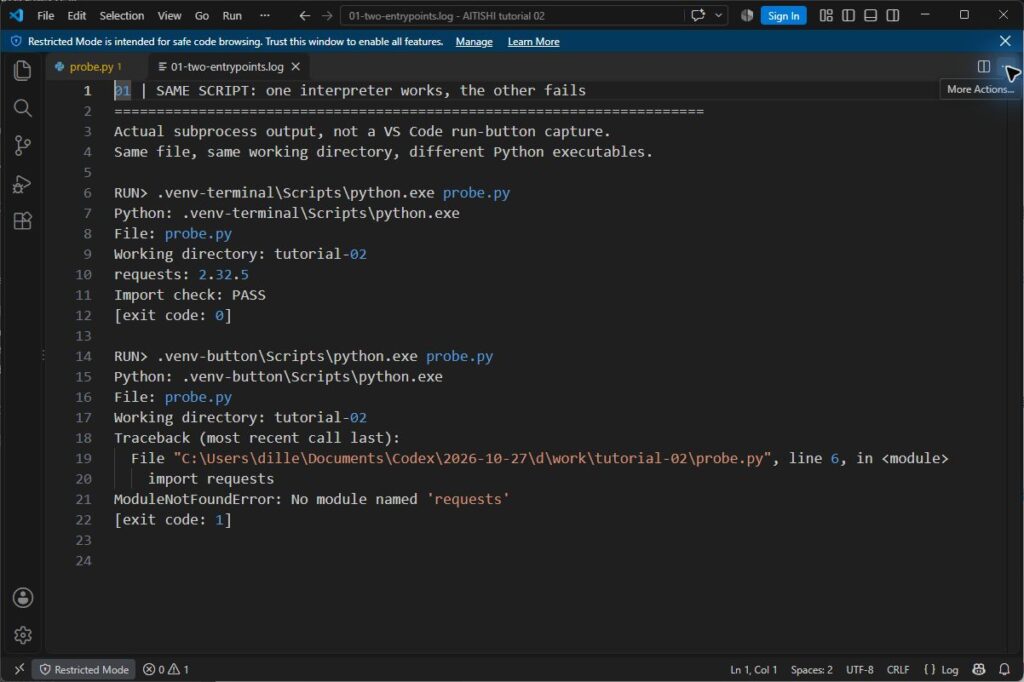 VS Code 终端能运行问题的对照实验：同一脚本使用不同Python出现成功和缺包报错